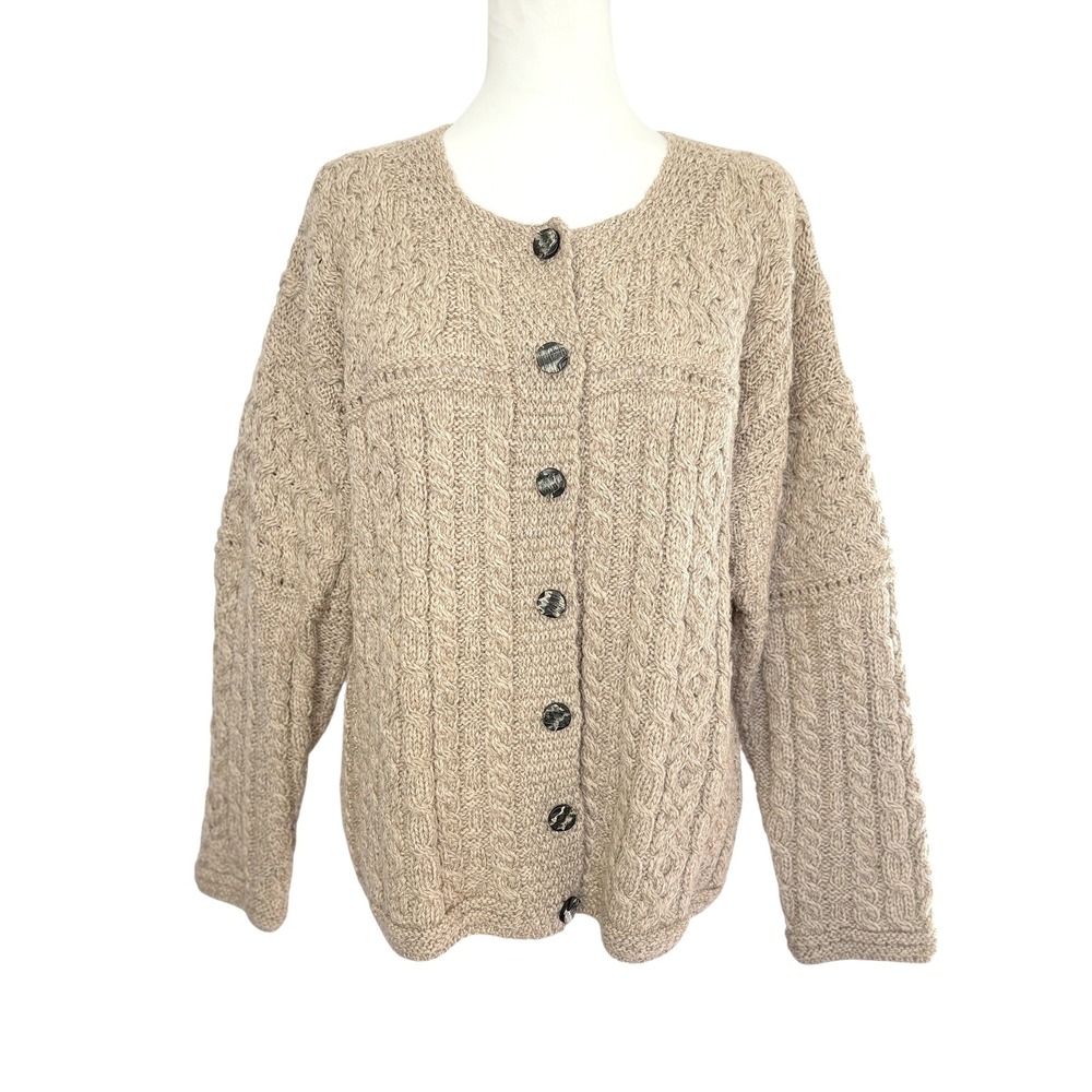 VTG MERINO‎ WOOL Carraig Donn Irish Aran Fisherman Cardigan Sweater Cable Knit L